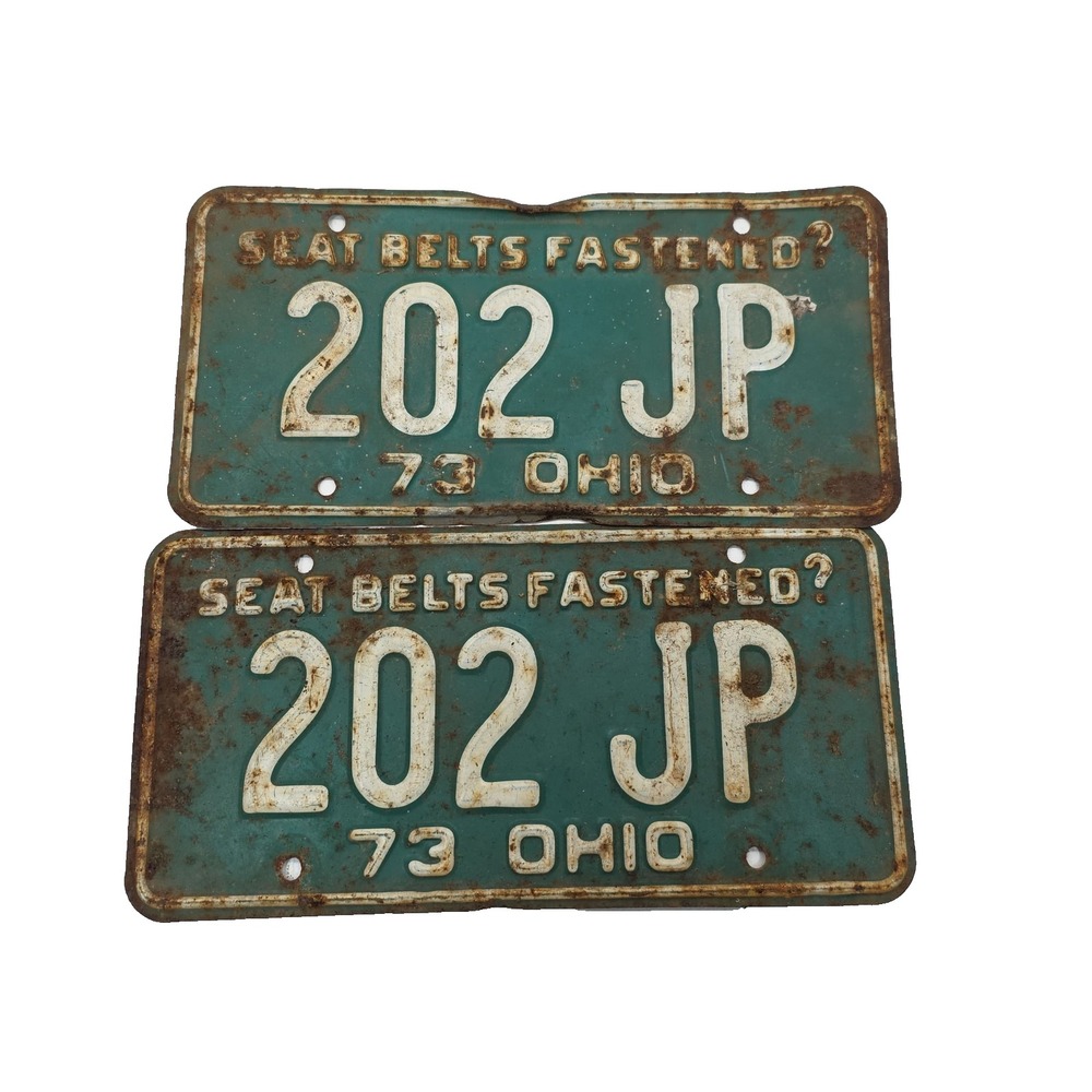 Vintage Original 1973 OHIO License Plate - 'SEAT BELTS FASTENED?' 202 JP‎ (9-1)